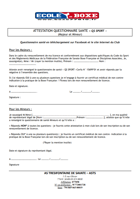 Attestation questionnaire santé mineur / majeur